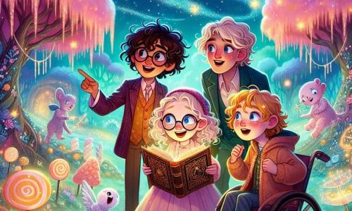 W magicznym krajobrazie czterech dzieci stoi w centrum sceny. Zosia, 10-letnia dziewczynka z kręconymi włosami i okularami, trzyma w rękach starą, błyszczącą książkę, a jej twarz jest oświetlona ciekawością. Po jej prawej stronie Kacper, 11-letni chłopiec z blond włosami i błyszczącymi oczami, wskazuje na gwiaździste niebo z zachwytem. Po lewej stronie Olek, 10-letni chłopiec na wózku inwalidzkim, patrzy z determinacją, a jego oczy błyszczą od odwagi. Na końcu Maja, 9-letnia dziewczynka z warkoczami i figlarnym spojrzeniem, radośnie skacze na chmurze w pastelowych kolorach, otoczona małymi, migoczącymi gwiazdami. Tło to fantastyczna planeta, gdzie kolorowe chmury unoszą się jak cukierki w gwiaździstym niebie, a drzewa o spiralnych pniach i świecących liściach wznoszą się wokół nich. Magiczne światła tańczą w powietrzu, tworząc baśniową i czarującą atmosferę. Dzieci przygotowują się do rozwiązania magicznej zagadki, trzymając klucz do przygody w dłoniach, podczas gdy stary, dobroduszny czarodziej Merlino obserwuje ich z uśmiechem, gotowy, by poprowadzić ich w poszukiwaniu przywrócenia równowagi wszechświata.
