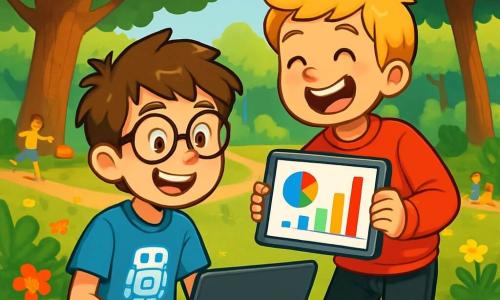 There are two main characters: Jack, a 12-year-old boy with messy brown hair and round glasses, wearing a blue t-shirt with a robot design and denim shorts. He is sitting on the grass with a laptop open in front of him, smiling broadly. Ethan, also 12, has blonde hair and sparkling eyes. He is standing next to Jack, holding a tablet and showing a colorful graph while laughing joyfully. The scene takes place in a lush green park filled with majestic trees with bright green leaves. Colorful flowers dot the ground, and a gravel path winds through the park. In the distance, children are playing frisbee and families are picnicking on blankets. The main situation shows Jack and Ethan working together on their school project on the screens, surrounded by the beauty of nature. They exchange ideas, laughing and encouraging each other, while sunlight filters through the tree branches, creating a warm and friendly atmosphere.