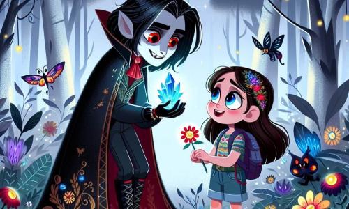 In an enchanted forest, a vampire named Victor with long black hair and bright red eyes stands at the center of the image. He has a mischievous smile and a flowing black cape, curiously looking at a glowing blue crystal in his hand. Next to him, Mia, a 10-year-old girl with brown hair and sparkling eyes, is amazed by the magic around her. She wears a colorful dress and hiking shoes, kneeling to touch a flower dancing to an invisible melody. In the background, the forest is filled with silver-leaved trees shimmering under the moonlight, with multicolored flowers that seem to sing. Fireflies light the path, creating a fairy-tale atmosphere. The main scene shows Victor and Mia united in their quest to activate the magical crystal, surrounded by fantastic creatures encouraging them, while a gentle breeze makes the leaves dance around them.