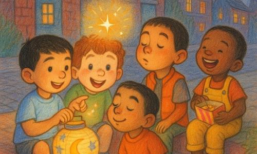 Four 5‑year‑old boys—Omar (olive skin, short black hair, light blue shirt, holding a small paper lantern painted with stars and a crescent, seated front left), Sami (fair skin, curly brown hair, green T‑shirt, leaning toward Omar smiling and pointing at the lantern, seated center‑left), Zayd (olive skin, short black hair, orange vest, sniffing the air toward the lantern as if smelling cinnamon, seated center‑right) and Bilal (dark skin, short hair, yellow overalls, laughing and holding an open snack box, seated right slightly back)—sit on the steps of a brick residential street at dusk with warm lit windows and a tree branch in the top right; a small glowing spark floats above the lantern casting a golden halo and glitter as the children watch with curious, joyful expressions in a soft, warm, magical scene rendered in pastel tones and colored‑pencil textures.