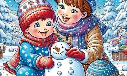 Een jongetje van 1 jaar met grote, glanzende ogen en roze wangen lacht luid in de sneeuw. Hij draagt een blauwe overall met sneeuwvlokmotieven, een rode sjaal en een wollen muts met een pompon. Zijn moeder, een vrouw van ongeveer 30 jaar, staat naast hem, glimlachend, met bruin haar in een knot. Ze draagt een dikke jas en een kleurrijke sjaal en helpt hem een sneeuwpop te bouwen. De achtergrond is een betoverend winterlandschap met bomen bedekt met glinsterende sneeuw, een heldere blauwe lucht en zacht vallende sneeuwvlokken. De hoofdscène toont het jongetje dat sneeuwballen rolt om een sneeuwpop te maken, terwijl zijn moeder hem aanmoedigt met een grote glimlach, wat een vrolijke en warme sfeer creëert.