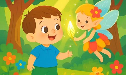 A young boy named Tom, with chestnut hair and sparkling curious eyes, stands in an enchanted forest. He wears a blue shirt and green shorts, and his face radiates joy and wonder. Next to him is a small fairy named Lily, with shimmering wings and a dress made of colorful flower petals, smiling and handing him a glowing magical feather. The forest is filled with majestic trees with thick trunks and vibrant green leaves, while multicolored flowers carpet the ground. Sunlight filters through the branches, creating bursts of golden light. In this scene, Tom discovers the magical feather given to him by Lily, and he is ready to use it to help his friends. The atmosphere is joyful and magical, filled with bright colors and enchanting details.