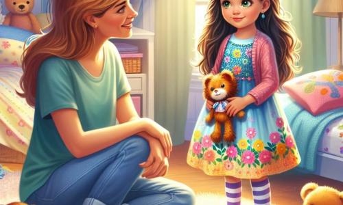 Una niña de 4 años, llamada Sofía, con largos cabellos castaños y ojos llenos de curiosidad, está en el centro de la imagen. Tiene una expresión sincera y algo preocupada mientras mira a su mamá. Sofía lleva un bonito vestido colorido con motivos de flores y calcetines a rayas. Su mamá, una mujer de unos 30 años, tiene el cabello castaño y viste una camiseta azul con jeans. Está agachada junto a Sofía, sonriéndole cálidamente y apoyando una mano en su hombro. La escena tiene lugar en una habitación luminosa y acogedora, llena de juguetes coloridos, peluches y una gran alfombra suave. Un rayo de sol entra por la ventana, iluminando la habitación y creando una atmósfera cálida. Sofía, sosteniendo su juguete roto en sus manos, le explica a su mamá lo que sucedió. Ha decidido decir la verdad después de aprender la importancia de la honestidad, y la situación muestra el momento en que confiesa su error, con una mezcla de nerviosismo y valentía en su mirada.