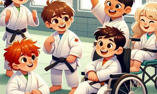 In een grote, lichte dojo met witte muren en een zachte groene mat, zijn vijf kinderen samengekomen. Max, een zesjarig jongetje met rommelig bruin haar, draagt een witte judogi en glimlacht blij terwijl hij zich voorbereidt om judo te oefenen. Rechts van hem zit Yara, een zesjarig meisje met krullend blond haar in haar rolstoel, met een grote glimlach, klaar om haar vrienden aan te moedigen. Links van Max toont Sam, een zesjarig jongetje met ronde bril en zwart haar, enthousiast een judo-techniek. Naast hem maakt Noah, een zesjarig jongetje met rood haar en sproeten, een overwinningstegebaar met zijn armen omhoog. Ten slotte bereidt Liam, een zesjarig jongetje met kastanjebruin haar en een pet, zich voor om een judo-techniek te demonstreren, geconcentreerd op zijn beweging. De hoofdscène toont Max, die net op de mat is gevallen na het proberen van een nieuwe techniek, met een verraste uitdrukking op zijn gezicht, terwijl zijn vrienden bezorgd maar ondersteunend naar hem toe rennen, klaar om hem te helpen opstaan.