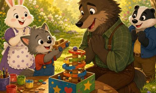 Little Wolf, a small anthropomorphic wolf with soft grey fur, round bright eyes and a proud smile, sits at a paint-splattered wooden table presenting a handmade toy car to Papa Wolf, a large dark-brown anthropomorphic wolf with tender eyes and curly whiskers who crouches opposite, moved and smiling; Mrs. Rabbit (a white rabbit in a polka-dot apron) and Mr. Badger (a stocky black-and-gray striped badger) clap nearby in a sunny clearing with green grass and wildflowers as the little wolf offers a colorful game tower in a decorated box for Father’s Day, the friends smile and golden sunlight warms their faces—crisp vector illustration, bright contrasting colors, simple shapes, thick outlines, warm expressions, composition centered on the two wolves.