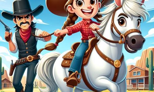 O fată cowboy veselă, Annie, de aproximativ 10 ani, cu părul lung castaniu și împletituri, poartă o pălărie mare de cowboy și o cămașă în carouri roșii. Ea zâmbește entuziast, ținând hățurile calului său, Steluța, un cal alb magnific cu coamă mătăsoasă, care pare gata să alerge. Lângă ea, un bandit cu o față șireată, de aproximativ 30 de ani, cu o pălărie neagră și mustață, stă retras, având un aer frustrat. Peisajul este un vast peisaj din Vestul Sălbatic, cu coline aurii, cactuși verzi și un cer albastru strălucitor presărat cu nori albi. Departe se zărește un mic ranch din lemn. Scena reprezintă momentul palpitant al cursei de cai, în care Annie și Steluța se avântă cu hotărâre, în timp ce banditul încearcă să le blocheze calea, creând o atmosferă de aventură și competiție.