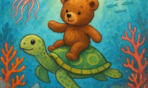 Een klein realistisch bruin knuffelbeertje met glanzende vacht en verwonderde blik drijft licht boven het zand, gedragen door een brede rustige zeeschildpad met een groene schild; een klein zilveren visje genaamd Fin zwemt voor hen en wijst de weg, terwijl een bleekroze doorschijnende kwal als een zwevende lantaarn boven hen danst; op de kleurrijke zeebodem staan roze en oranje koraalstruiken, scholen zilveren sardines, gouden lichtstralen en glinsterend zand bij een kleine gloedende grot, in een kalme, geruststellende en wondervolle sfeer.