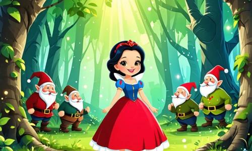 Biancaneve, una giovane con capelli neri come l'ebano e pelle chiara come la neve, si trova in una radura incantata, con un sorriso meravigliato sul volto. Indossa un vestito rosso vivo che contrasta con il verde brillante delle foglie circostanti. I suoi occhi brillano di eccitazione mentre guarda i sette nani che la circondano. I sette nani, ciascuno di circa 50 anni, sono personaggi colorati e gioiosi. Il primo, un nano con barba rossa, dipinge fiori su una tela, mentre un altro, con un cappello blu, suona il flauto, creando una dolce melodia. Un terzo, con occhiali tondi, legge un libro sotto un albero, immerso nella sua storia. La radura è illuminata da una luce dorata, circondata da alberi maestosi. Fiori multicolori danzano al vento e un ruscello scintillante serpeggia nel paesaggio. Biancaneve, piena di gioia e curiosità, si prepara a danzare con i nani, celebrando la loro amicizia e la magia della natura che li circonda.