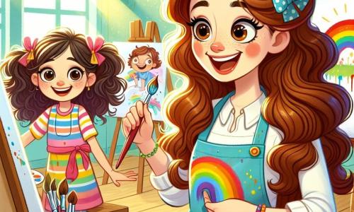 In a bright and colorful studio, a cheerful woman named Miss Lily, with long curly hair and a paint-splattered apron, smiles enthusiastically while holding a brush. Her face radiates happiness as she encourages children to express their creativity. Next to her, a 7-year-old girl with big brown eyes and colorful ribbons in her hair paints a beautiful rainbow on a canvas, looking amazed and focused, her cheeks flushed with excitement. An 8-year-old boy with curly hair and a big smile stands a bit further away, painting a joyful tree while looking at Miss Lily with admiration, ready to show his work. The studio is filled with vibrant colors, with paint pots scattered on wooden tables, canvases hanging on the walls, and sunlight streaming through the windows, warmly illuminating the space. In this scene, Miss Lily and the children are having fun creating art together, each expressing their imagination on the canvas, filling the studio with joy and creativity.