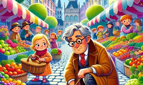 Ein Mann, der Detektiv Herr Winter, kniet auf dem Marktplatz mit einem konzentrierten und neugierigen Ausdruck auf seinem Gesicht. Er hat graue Haare, runde Brillen und trägt einen braunen Mantel mit einem roten Schal. In einer Hand hält er einen kleinen Pinsel und untersucht einen geheimnisvollen Pfotenabdruck im Staub. In der Nähe steht eine ältere Frau, Frau Schmitt, etwa 60 Jahre alt, mit einem Korb voller bunten Gemüse. Sie hat weiße Haare im Dutt und ein freundliches Lächeln, während sie den Detektiv interessiert beobachtet. Der Ort ist ein lebhafter Markt mit bunten Obst- und Gemüseständen, leuchtenden Blumen und Kindern, die um einen Steinbrunnen in der Mitte spielen. Der Himmel ist blau und sonnig, was der Szene eine fröhliche Atmosphäre verleiht. Die Hauptsituation zeigt Herr Winter, der einen geheimnisvollen Pfotenabdruck entdeckt, während Frau Schmitt, neugierig auf seine Ermittlung, stehen bleibt, um ihn zu beobachten.