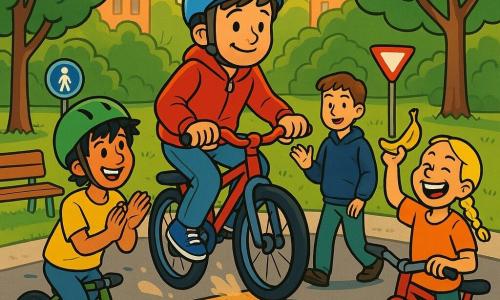 Vier 11-jährige Jungen: Mats, braune kurze Haare, konzentriertes aber lächelndes Gesicht, hellblauer Helm, rote leichte Jacke, sitzt zentriert auf seinem Fahrrad und fährt gerade behutsam über eine kleine helle Holzrampe mit festem Blick nach vorn; Emir, schwarze zerzauste Haare, grüner leicht schiefer Helm, gelbes T‑Shirt, fährt links neben der Rampe und applaudiert ermunternd; Jonne, blonde Haare, grinsspendende Zöpfe, orange T‑Shirt, steht rechts neben seinem Rad und hält eine Banane wie einen Pokal; Timo, kastanienbraunes Haar, ruhiger Ausdruck, dunkelblauer Pullover, geht im Hintergrund neben der Rampe, Hand erhoben, bereit zu helfen. Ort: heller, bunter Stadtpark am Morgen mit breiten weichen Asphaltwegen, kurz gemähtem Gras, runden Bäumen, spielerischen Verkehrsschildern, ein Holzbank, wenige Bodenmarkierungen. Szene: dynamisch und warm, Mats überquert die Rampe, sichtbare Texturen (holzmaserung, Reifen auf Asphalt, feiner Staub), unterstützende, stolze Mienen, weiches Morgenlicht mit langen Schatten, kräftige kontrastreiche Farben; Stil: 90er‑Cartoon, klare Linien, schwarze Konturen, einfache Schattierung, positive Atmosphäre.