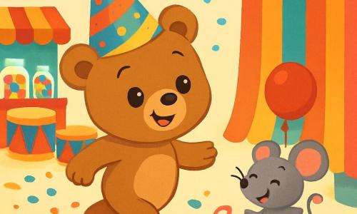 Un pequeño oso de peluche, alegre y curioso, lleva un gran sombrero de fiesta decorado con confeti colorido. Sus ojos brillan de emoción mientras avanza por un camino de confeti brillante. A su lado, un pequeño ratón gris, travieso y sonriente, sostiene un globo rojo brillante y baila sobre sus patas traseras. Al fondo, un decorado de carnaval deslumbrante con guirnaldas multicolores, puestos de dulces de colores vivos y tambores que resuenan. El osito se acerca a la gran cortina de colores, listo para descubrir las maravillas escondidas detrás.