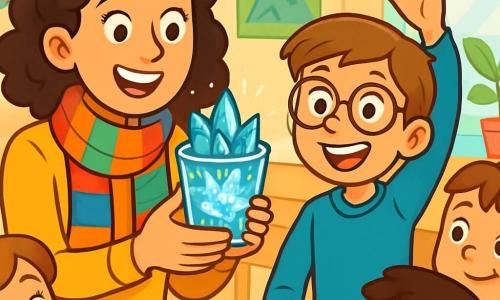 Una maestra de unos treinta años, con cabello rizado y una amplia bufanda colorida, sonríe alegremente mientras muestra un vaso lleno de cristales brillantes a sus alumnos. Sus ojos brillan de emoción y orgullo. A su lado, Lucas, un niño de 9 años con gafas y cabello castaño, levanta la mano con una gran sonrisa, listo para explicar el proceso de formación de los cristales. Se posiciona ligeramente hacia adelante, irradiando confianza. La escena tiene lugar en un aula luminosa, con paredes pintadas de colores vivos, carteles educativos y ventanas que dejan entrar la luz del sol. Las mesas de madera están dispuestas en semicírculo, y plantas verdes añaden un toque de naturaleza. La situación principal muestra a la maestra y a Lucas, rodeados de sus compañeros, todos maravillados por la magia de los cristales que brillan en el vaso. Los niños, cautivados, observan atentamente, ansiosos por descubrir las maravillas de la ciencia.