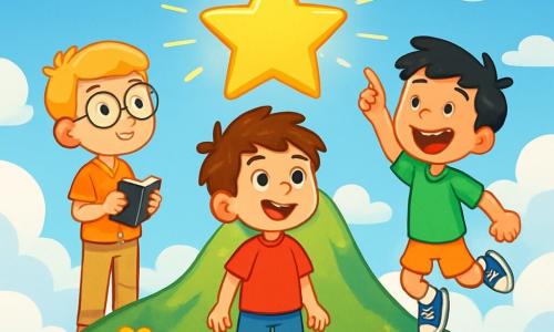 Hay 3 personajes: - Lucas: un niño de 7 años, con cabello castaño desordenado y ojos brillantes. Lleva una camiseta roja y un pantalón corto azul. Está en el centro, mirando con asombro la escena frente a él. - Mateo: un niño de 7 años, con cabello rubio y gafas redondas. Lleva una camisa a cuadros y un pantalón beige. Está ligeramente a la izquierda, sosteniendo un pequeño cuaderno en sus manos, listo para anotar sus descubrimientos. - Tomás: un niño de 7 años, con cabello negro y una gran sonrisa. Lleva una camiseta verde y un pantalón corto naranja. Está a la derecha, saltando de emoción, señalando la gran estrella dorada que brilla en la cima de la montaña. La situación principal se desarrolla en la cima de una majestuosa montaña, rodeada de suaves y esponjosos nubes. El cielo es de un azul brillante, salpicado de algunas nubes blancas. A sus pies, un paisaje de flores coloridas brilla bajo el sol, mientras que una gran estrella dorada centellea en el centro, emitiendo una luz cálida y mágica. Los tres amigos están descubriendo la Estrella de la Sabiduría, una estrella brillante, en la cima de la montaña. Están maravillados y llenos de emoción, listos para enfrentar el desafío del gigante de las nubes que guarda la estrella.