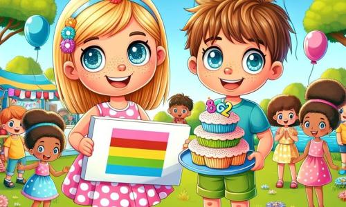 An 8-year-old girl named Lily, with sparkling blue eyes and freckles on her nose, joyfully smiles while holding a colorful sign that says "Equality for All." She wears a pink polka-dot dress and yellow sandals, standing in the center of a sunny park surrounded by greenery. Next to her, an 8-year-old boy named Max, with messy brown hair and a bright smile, is decorating a cupcake stand with colorful garlands. He wears a blue t-shirt and green shorts, looking very enthusiastic. In the background, a vibrant park filled with bright green trees, colorful flowers, and children playing on the grass can be seen. Balloons float in the blue sky, adding a festive touch to the atmosphere. The main scene shows Lily and Max, along with other children from different backgrounds, coming together to celebrate gender equality at a joyful event, playing and sharing laughter, illustrating the importance of friendship and mutual respect.