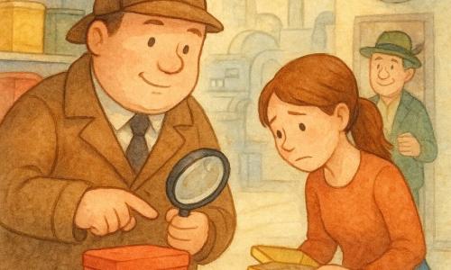 Bram, een grote ronde man met een glimlach maar geconcentreerd, in een bruin langjasje en detectivepet, houdt een glanzende loep en wijst naar een koektrommel; op de voorgrond, zelfverzekerd en aandachtig. Sanne, jong (±22) met kastanjebruin paardenstaart, licht beschaamd maar opgelucht, houdt een kleine open doos voor een metalen rek en leunt iets naar Bram. De heer Jansen, ±55, met een groenhoed met veer, glimlacht zacht en houdt een verkreukeld papiertje bij de deur op de achtergrond. De koekfabriek is een warme grote ruimte met metalen schappen vol gekleurde dozen (rood, blauw, geel), kruimels op de vloer, een grote klok op 15:00 en ronde machines achterin. Moment van ontdekking: Bram ontdekt dat Sanne dozen heeft verwisseld; zachte namiddaglicht door het raam, pasteltinten, korrelige aquareltextuur, geruststellende en nieuwsgierige sfeer.