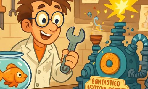 Tobia Tontini, un uomo dai capelli arruffati e occhiali rotondi, è in piedi nel suo garage, con gli occhi brillanti di eccitazione. Indossa un camice da laboratorio macchiato di farina e tiene una chiave inglese in una mano, mentre esamina una macchina stravagante fatta di pezzi eterogenei. Accanto a lui, il suo pesce rosso, un piccolo pesce dalle squame scintillanti, nuota in un boccale di vetro, osservando attentamente i movimenti di Tobia. Il garage è ingombro di vecchi attrezzi, barattoli pieni di viti e biscotti sparsi su un tavolo di legno. Disegni di invenzioni strane sono appesi alle pareti, creando un'atmosfera di creatività caotica. Tobia sta testando la sua invenzione, il Fantastico Sbriciola-Biscotti Automatico, che emette suoni strani e lampi di luce, mentre spera che i biscotti vengano perfettamente sbriciolati.