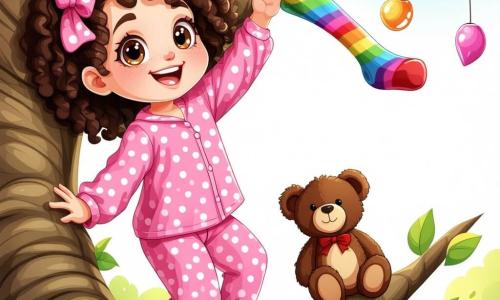 Una niña de 4 años, con grandes ojos brillantes y pelo rizado, lleva un pijama rosa con lunares y una sonrisa alegre en su rostro. Está trepando por una rama de árbol, extendiendo la mano para atrapar su calcetín de rayas de arcoíris que flota en el viento. A su lado, un pequeño osito de peluche llamado Osvaldo, con pelaje marrón y un lazo rojo alrededor del cuello, observa con curiosidad, sentado en una rama más baja. Abajo del árbol, una gata blanca con ojos verdes, la Señora Gata, se estira perezosamente, observando la escena con una expresión divertida. El jardín está lleno de flores coloridas, mariposas revoloteando y una suave luz de luna que ilumina la escena. La situación principal muestra a la niña en plena búsqueda de su calcetín perdido, con una expresión determinada y alegre en su rostro, rodeada de sus amigos animales que la animan.