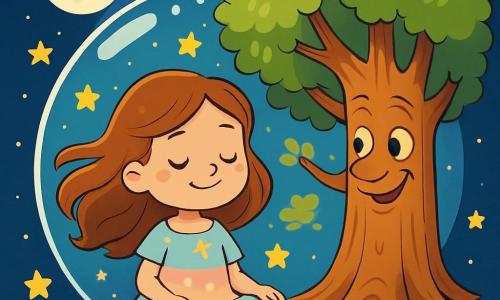 Una niña de 6 años, llamada Luna, está sentada en posición de loto dentro de su burbuja transparente, con los ojos cerrados y una sonrisa serena en su rostro. Su cabello largo y ondulado flota suavemente a su alrededor, y lleva un vestido ligero de colores pastel, adornado con estrellas brillantes. Junto a ella, un árbol antiguo con un rostro amable se alza majestuosamente, con sus ramas extendidas como brazos protectores. Sus hojas brillan en un verde vibrante, y parece susurrar historias a Luna, quien lo escucha atentamente. La escena se desarrolla en un cielo nocturno estrellado, donde estrellas brillantes titilan alrededor de la burbuja de Luna, creando una atmósfera mágica y apacible. La luna, llena y luminosa, ilumina suavemente la escena, añadiendo un toque de dulzura. Luna respira profundamente, inspirando la tranquilidad de la noche, mientras el árbol cuenta una historia reconfortante, envolviendo la burbuja en calor y serenidad.