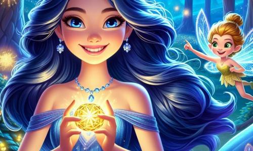 Al centro dell'immagine, una giovane donna di nome Luna, di circa 18 anni, sorride radiosa. Ha lunghi capelli ondulati di un blu profondo che fluttuano dolcemente nel vento. Indossa un magnifico abito blu decorato con motivi floreali scintillanti e tiene in mano una gemma luminosa che brilla di una luce dorata. I suoi occhi brillano di eccitazione e determinazione. Accanto a lei, un piccolo folletto di nome Fiamma, con ali scintillanti e capelli dorati, vola gioiosamente intorno a lei, con un sorriso malizioso, mentre indica la gemma, come se la stesse incoraggiando a usarla. Sullo sfondo, si estende una foresta magica con alberi maestosi e foglie brillanti che scintillano alla luce della luna. Fiori colorati e luminescenti punteggiano il terreno, creando un tappeto di colori vivaci. La scena principale mostra Luna e Fiamma che celebrano la scoperta della Gemma della Luce, illuminando la notte buia intorno a loro, mentre stelle scintillanti danzano nel cielo notturno.