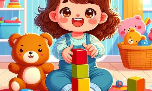 Una bambina di un anno, con grandi occhi brillanti e capelli ricci castani, è seduta su un tappeto colorato. Sorride gioiosamente, tenendo un blocco rosso nelle sue manine paffute, pronta a posarlo su una torre di blocchi. Accanto a lei, il suo amico di peluche, un orso di nome Bobo, è un adorabile orsetto con un naso rotondo e occhi scintillanti, che sembra incoraggiarla con un sorriso amichevole. Il luogo è una stanza luminosa, piena di giocattoli sparsi, con pareti dipinte di blu pastello e raggi di sole che filtrano attraverso una finestra. Al centro, un grande tappeto multicolore è cosparso di blocchi di diverse colori. La scena principale mostra Mia e Bobo intenti a costruire una torre di blocchi colorati, ma la torre inizia a oscillare pericolosamente. Mia ride a crepapelle, mentre Bobo sembra pronto ad applaudire, creando un'atmosfera gioiosa e divertente.