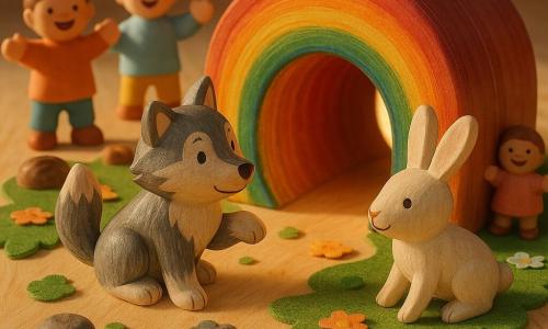 A small painted wooden wolf, seated and curious with a smiling face and round painted eyes, gray-and-white stylized fur, one paw raised as if about to enter a tunnel; a white wooden rabbit with long upright ears, friendly attentive expression, to the wolf’s right, nearly hopping toward it; three small wooden children figurines in pastel-painted clothes, laughing and welcoming, placed slightly farther back as if watching and greeting; a luminous tunnel represented by a painted wooden cylinder with a rainbow gradient and shiny streaks, oval opening and soft glow, set in the background on the table; light wood table with green foam chips to mimic forest, tiny paper flowers and painted stones for the ground. Main scene: the wolf looks toward the rainbow tunnel, ready to enter, magical yet gentle mood, warm directional evening-like lighting, toy diorama style with visible painted textures, clean contours, simple shapes, centered composition, child-friendly joyful secure atmosphere.