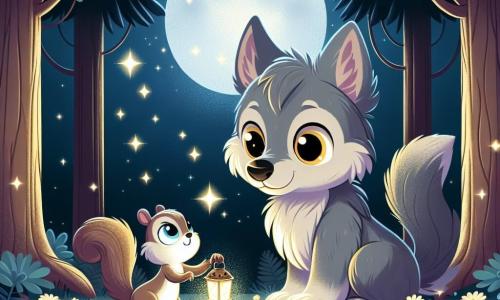 Un pequeño lobo de pelaje gris suave y ojos amarillos brillantes, con una expresión de curiosidad y aprensión, se encuentra en el centro de un claro nocturno, mirando maravillado las estrellas brillantes en el cielo oscuro. A su lado, una pequeña ardilla de pelaje marrón claro y ojos chispeantes de picardía, sonriente y llena de energía, sostiene un pequeño farol que ilumina suavemente su camino, iluminando su rostro alegre. El lugar es un bosque encantado, donde los majestuos árboles se alzan como guardianes silenciosos, sus hojas bailando suavemente al viento, y el suelo está cubierto de flores luminosas que parecen brillar en la oscuridad. La escena principal muestra al pequeño lobo y a la ardilla jugando y explorando juntos, descubriendo la belleza de las estrellas y superando el miedo a la oscuridad, creando así una atmósfera de magia y amistad.
