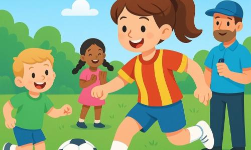 Uma jovem jogadora de futebol feliz e radiante, cabelo castanho em rabo de cavalo, pele clara, com camisa vermelha e amarela, shorts azuis e chuteiras brancas, chuta uma bola brilhante no centro do campo; um menino de 9 anos, amigo, cabelos loiros curtos, sorrindo, camiseta verde, corre da esquerda para alcançar a bola; uma menina de 8 anos, amiga, cabelos negros em trança, veste vestido esportivo rosa e aplaude perto do gol; o treinador, homem de ~35 anos, barba rala e boné azul, observa sorrindo na linha de toque com um apito; grande campo gramado verde com linhas brancas, pequeno gol à direita, céu azul claro com algumas nuvens e árvores ao fundo; momento de alegria ao marcar um gol, amigos aplaudem, expressões de cumplicidade, cores saturadas, contornos nítidos, atmosfera luminosa e calorosa.