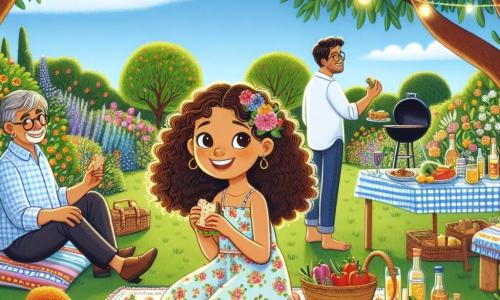 Ein 10-jähriges Mädchen, Mia, mit lockigem, braunem Haar und einem großen Lächeln, sitzt auf einer bunten Picknickdecke in einem sonnigen Garten. Sie trägt ein leichtes Blumenkleid und hält ein Sandwich in einer Hand, während sie fröhlich lacht. Neben ihr bereitet ihre Mutter, eine etwa 35-jährige Frau mit langen, glatten Haaren, Tapas auf einem kleinen Tisch vor, lächelnd und glücklich, diesen Moment mit der Familie zu teilen. Ihr Vater, ein etwa 40-jähriger Mann mit einem leichten Bart und Brille, steht im Hintergrund und grillt Gemüse auf einem Grill, während er mit Freunden spricht, die um den Tisch sitzen und eine warme, einladende Atmosphäre schaffen. Der Garten ist voller bunter Blumen, mit grünen Bäumen und einem klaren blauen Himmel, der mit einigen weißen Wolken übersät ist. Lichtergirlanden sind an den Ästen der Bäume befestigt und verleihen der Umgebung eine festliche Note. Die Hauptsituation zeigt Mia und ihre Familie, die ein Sommerpicknick genießen, umgeben von Lachen und guter Laune, während sie gemeinsam die spanischen kulinarischen Traditionen in einer fröhlichen und sonnigen Umgebung feiern.