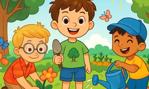 Há 3 personagens: - Pedro: um garoto de 7 anos, com cabelos castanhos bagunçados e olhos brilhantes. Ele usa uma camiseta verde com um desenho de árvore e um short de jeans. Ele está no centro, sorrindo, segurando uma pequena pá. - Miguel: um garoto de 7 anos, com cabelos loiros e óculos redondos. Ele veste uma camisa xadrez vermelha e uma calça bege. Ele está à esquerda de Pedro, plantando uma flor no chão. - João: um garoto de 7 anos, com cabelos pretos e um boné azul. Ele usa uma camiseta amarela e sandálias. Ele está à direita de Pedro, segurando um regador e regando as plantas com entusiasmo. O cenário é um jardim mágico, repleto de flores coloridas, grandes árvores com folhas verdes e legumes frescos em fileiras ordenadas. O céu é azul com algumas nuvens brancas, e um raio de sol ilumina o jardim, criando uma atmosfera alegre e acolhedora. A cena principal mostra os três amigos trabalhando juntos no jardim, rindo e ajudando-se a plantar flores e regar as plantas, rodeados de borboletas coloridas que voam ao seu redor, acrescentando um toque de magia à sua aventura ecológica.
