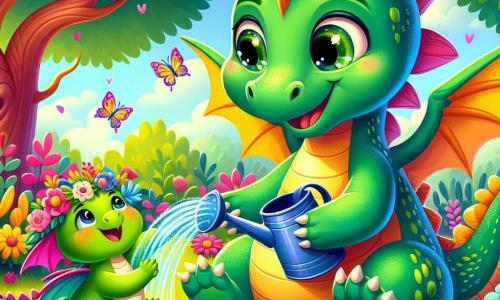 Un pequeño dragón verde con escamas brillantes y ojos chispeantes de alegría está regando flores coloridas en un jardín soleado. Sus alas están desplegadas y sonríe con entusiasmo. A su lado, una mamá dragona, dulce y atenta, con escamas rosas y una mirada benevolente, lo observa sonriendo, con las patas cruzadas sobre su vientre. El jardín está lleno de flores brillantes, grandes árboles con hojas verdes y mariposas multicolores que vuelan alrededor. El pequeño dragón se activa alegremente regando las plantas, mientras que la mamá dragona lo anima con ternura.