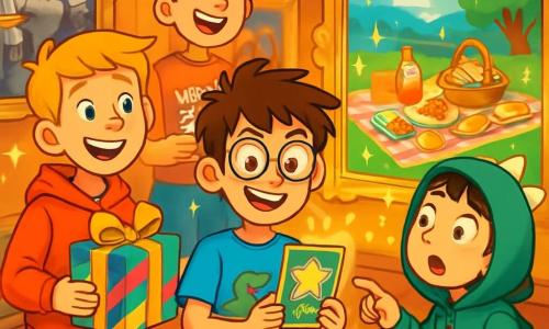 There are 4 children: - Sam: a 12-year-old boy with messy brown hair and round glasses. He wears a blue t-shirt with a dinosaur and shorts. He is in the center, smiling, holding a magic map. - Ben: a 12-year-old boy with blond hair and a big smile. He wears a red hoodie and jeans. He stands to the left of Sam, holding a colorful gift. - Milo: a 12-year-old boy with black hair and a dinosaur hoodie. He is to the right of Sam, pointing at an animated painting with wide eyes. - Josh: a 12-year-old boy with brown hair and a big smile. He wears a superhero-themed t-shirt and shorts. He is behind Sam, laughing and holding a joke book. The main setting is the Hall of Living Paintings in a magical museum. The walls are adorned with colorful paintings that come to life, featuring knights in shining armor and dancing princesses. Sparkling lights surround the artwork, and bright colors illuminate the room. The main situation shows the children discovering a picnic painting inviting them to sit down. They are amazed by the magic of the museum, surrounded by colorful food that seems to float in the air, creating a joyful and festive atmosphere.
