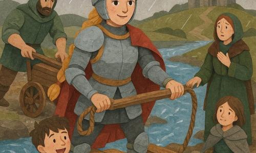 A female knight stands center with a determined, warm face and bright eyes, wearing light polished steel armor with gold highlights and a long blonde braid under an open helmet; she holds a sturdy rope in one hand and props a large log to stabilize an improvised bridge. To the left a wet-hooded guard in a gray-green outfit, about 30, pushes a cart across the bridge, sleeves rolled to show muscular arms and a focused expression. On the far bank an emissary in a green dress and fur cloak, about 40, watches anxiously, one hand to her chest and the other ready to grab the railing. In the foreground a roughly eight-year-old boy with a too-large cloak and messy brown hair applauds joyfully; behind him a ten-year-old girl sits on a rock with a bandaged ankle and a small blanket, smiling faintly. The setting is a wide, churning blue-and-white river with muddy banks, mossy stones, fallen trunks and a gray, drizzly sky; a muddy road leads to a distant stone castle with pointed towers. The scene shows the urgent construction of a makeshift bridge—nailed planks, tied ropes, splashing water and visible rain—conveying quiet tension and mutual aid with bold contrasting colors and cut-out shapes.
