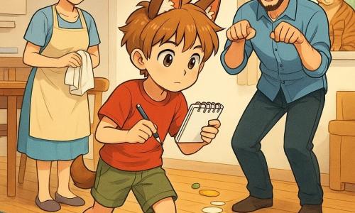 An 8-year-old boy with a round face, messy light brown hair, big bright eyes and a curious, focused expression wears a red T-shirt, khaki shorts and small fabric fox ears; he holds a notebook and pencil and follows a trail of small paper circles on the floor. A woman of about 35 with tied brown hair, a gentle smile and a light apron stands left by the kitchen table holding a dish towel and watching kindly. A man of about 36 with a short beard and a blue shirt strikes a playful pose behind the boy, miming a fox and ready to help, slightly to the right. A tabby cat named Muffin sits on the windowsill with a calm, regal gaze. Interior: bright home combining kitchen and living area, light wood floor, blue rug with a lifted corner revealing a hidden paper circle, low shelf with books and potted green plants, a colorful drawing near the fridge. Main scene: the boy follows a winding paper trail (paper circles, paper carrots, small paper bananas) that snakes across the floor and partly up the shelf; warm, cozy domestic-adventure atmosphere with visible textures and soft morning light. Style: children’s manga, clean lines, exaggerated but tender expressions, vivid contrasting colors.