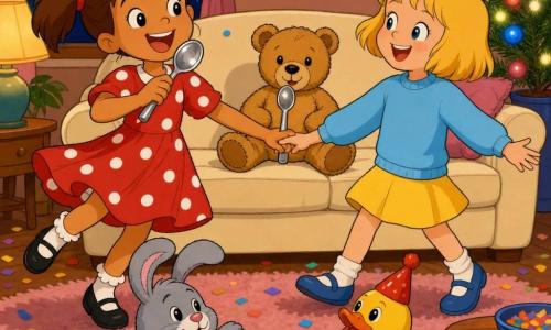 Five characters: Lila, a 6-year-old girl with brown pigtails in a red polka-dot dress holding a shiny spoon like a microphone, standing left and spinning while singing; Mia, a 6-year-old girl with short blonde hair in a sky-blue sweater and yellow skirt holding Lila’s hand and smiling, standing right; Teddy, a light-brown teddy bear with sewn black eyes seated on the couch with the spoon in front as if about to sing; Floppy, a gray floppy-eared plush rabbit on the rug looking joyful; and Mr. Duck, a shiny yellow plastic toy duck with a small red party hat beside Floppy looking toward the girls — cozy living room at night with a cream sofa, pale pink rug, wooden coffee table, multicolored string lights and a small decorated pine branch, warm soft lighting, confetti and sparkling lights, and the two girls doing a New Year’s karaoke for their toys, festive and joyful.