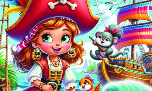 A Capitã Sofia, uma corajosa mulher pirata de cerca de trinta anos, usa um grande chapéu vermelho adornado com penas e um sorriso determinado. Ela está no convés de seu navio, o Feliz Tesouro, com os olhos brilhando de excitação. Ao seu lado, Tico, um pequeno macaco travesso, sobe no mastro, enquanto Zuzu, um papagaio de penas vibrantes, voa ao seu redor gritando alegremente. Lili, uma pequena rato cinza com um laço rosa na cabeça, observa atentamente da borda do navio, pronta para ajudar. O local é um porto animado, com velas coloridas flutuando ao vento e barcos de todos os tamanhos ancorados. Ondas cintilantes batem suavemente no casco do navio, e gaivotas voam no céu azul. A situação principal mostra Sofia e seus amigos elaborando um plano para proteger seu navio de piratas maliciosos que querem roubá-lo, com expressões de determinação e amizade em seus rostos.