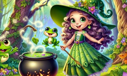 Em uma floresta encantada, uma bruxa chamada Belinda, uma jovem com longos cabelos cacheados roxos, veste um vestido verde decorado com padrões de folhas. Com um sorriso travesso no rosto e olhos brilhantes de curiosidade, ela está diante de um grande caldeirão fumegante, despejando ingredientes coloridos com entusiasmo. Ao seu lado, um pequeno sapo chamado Miguel, um adorável anfíbio verde com manchas amarelas, salta alegremente, rindo de todo o coração, como se estivesse pronto para mergulhar na poção. Perto dali, a rã Rita, uma bela rã com escamas cintilantes, observa a cena com olhos arregalados, intrigada pela magia que acontece. O cenário é uma clareira iluminada, cercada por árvores majestosas e folhas brilhantes, enquanto flores coloridas dançam ao vento. Raios de sol filtram-se através dos galhos, criando uma atmosfera mágica e alegre. A cena principal mostra Belinda, Miguel e Rita preparando uma poção de risos, cheia de bolhas efervescentes e cores vibrantes, enquanto risadas ecoam no ar, transformando a floresta em um lugar de alegria e magia.