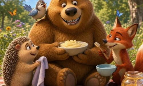 Bramble Bear, a large honey-brown bear with round eyes, smiles gently showing shiny silver dental caps while holding a bowl of pear purée, calm and proud; Pip the sparrow, small grey with pale blue wings, perches on Bramble’s shoulder chirping, joyful and curious; Tula the small hedgehog with light chestnut quills looks surprised and caring, crouched left holding a soft cloth near Bramble’s paw; Juno the red fox with mischievous eyes stands right with a small brush and a bowl of warm water, reassuring smile; scene: a sunny meadow clearing picnic with a checkered blanket, colorful plates, a jar of golden honey and butterflies, trees and deep blue sky; main situation: a warm picnic where the animals gently care for Bramble after a sticky honey incident; visual style: 3D animated film render, soft golden lighting, centered composition, readable exaggerated expressions, warm pastel color palette, realistic textures.