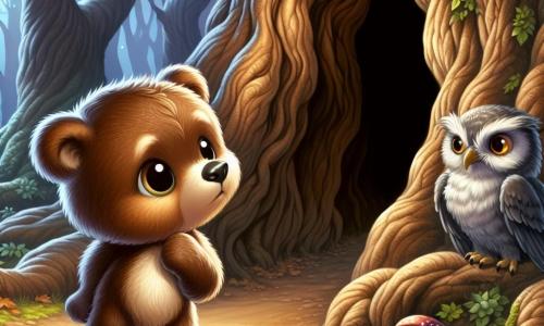 Ein kleiner brauner Bär mit großen, glänzenden Augen und weichem Fell steht vor einem riesigen, knorrigen Baum, sein Herz schlägt vor Aufregung und Angst. Neugierig schaut er auf die dunkle Öffnung im Stamm, seine Pfoten leicht zitternd, bereit, in eine geheimnisvolle Welt einzutreten. Neben ihm sitzt eine alte Eule mit grauen Federn und weisem Blick auf einem niedrigen Ast und beobachtet die Szene besorgt, ihre Flügel leicht ausgebreitet, als wolle sie den jungen Bären beschützen. Der Ort ist ein tiefes, altes Waldgebiet, in dem die Bäume wie Riesen aufragen und ihre verzweigten Äste ein dunkles Blätterdach bilden, das nur einige goldene Lichtstrahlen durchlässt. Der Boden ist mit toten Blättern und bunten Pilzen bedeckt, was der Atmosphäre einen Hauch von Magie verleiht. Die Hauptsituation zeigt den Bären, der zögert, in den geheimnisvollen Baum einzutreten, während die Eule ihn aufmerksam beobachtet, was eine spürbare Spannung zwischen der Aufregung des Abenteuers und der Angst vor dem Unbekannten erzeugt.