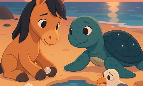 A young horse named Clover, shy but brave, kneels on honey-colored sand holding a small sparkling pearl; nearby Marina, a calm sea turtle with a dark shell flecked like stars, rests by a tide pool and smiles gently; a sly little seagull perches on a rock clutching a broken shell while a tiny beige-pink hermit crab peeks from its cracked shell; twilight shore with mirror-like pools, green mossy rocks, deep blue ocean and a pink-orange sky with a silver moon path; a warm, pastel-lit moment of forgiveness and repair as Clover offers the pearl, everyone watching with shy, reassuring expressions.