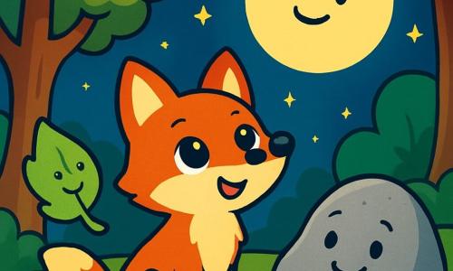 Ein kleiner Fuchs mit funkelnden Augen und glänzendem rotbraunem Fell, mit einem neugierigen und fröhlichen Ausdruck, steht im Mittelpunkt der Szene und schaut den großen, hellen Mond an, der am sternenklaren Himmel strahlt. Neben ihm tanzt ein leichtes grünes Blatt im Wind, hat ein fröhliches Lächeln und scheint um den Fuchs zu wirbeln. Ein großer grauer Stein, solide und gelassen, liegt im Hintergrund, mit einem ruhigen und freundlichen Ausdruck, der die Szene weise beobachtet. Der Ort ist ein verwunschener Wald mit dicken Baumstämmen und leuchtend grünen Blättern, erleuchtet vom sanften Licht des Mondes. Funkelnde Sterne durchziehen den Himmel und verleihen der Atmosphäre einen magischen Touch. Die Hauptsituation zeigt den kleinen Fuchs, der den Mond etwas fragt, während das Blatt und der Stein aufmerksam zuhören, was einen Moment des Teilens und Nachdenkens unter dem sternenklaren Himmel schafft.