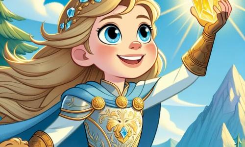 Elara, a brave young woman of about 18, stands proudly at the top of a mountain, with long golden hair flowing in the wind and bright blue eyes. She wears light armor adorned with floral patterns and holds the shimmering Crystal of Light high in her hand, radiating a golden warmth that illuminates her determined and joyful face. Beside her, a group of adorable otters with shiny fur and sparkling eyes cheer her on, joyfully bouncing on the edge of the cliff, ready to accompany her on her adventure. The backdrop features a majestic mountain surrounded by lush forests and soft clouds, with a bright blue sky contrasting against the dark shadows of the cave behind Elara, where the witch Morwenna hides. The main scene shows Elara, full of bravery, raising the Crystal of Light to chase away the darkness, while the radiant light pushes back the threatening shadows, symbolizing hope and victory over evil.