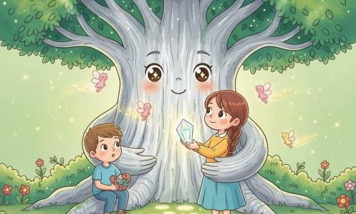 A 10-year-old girl, moved and wide-eyed with rosy cheeks and long chestnut hair in a braid, holds a small sparkling crystal and looks up at Ceren, an immense ancient guardian tree with silvery bark and emerald leaves, its branches bending like protective arms behind her; an about-8-year-old boy, surprised but comforted, sits on a low root to her left holding a broken toy and watching her; tiny glowing fairies like droplets of pink and yellow light flutter around the crystal and leaves leaving luminous trails; a golden-lit clearing with soft grass, deep green moss, colorful edge flowers, sunbeams filtering through leaves, and a path of glowing stones leading to the trunk; overall mood magical, gentle, pastel-saturated colors, clear contrasts, simple rounded shapes, composition centered on the meeting between the girl and the tree.