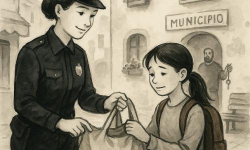 Una agente di polizia di circa 35 anni, volto dolce, capelli castani raccolti in chignon, espressione benevola e concentrata, in uniforme blu scuro con distintivo lucido, sorride lievemente e regge con una mano una grande borsa di tela beige e con l'altra un piccolo taccuino; accanto a lei una ragazza di circa 11 anni, capelli castani in coda, espressione sollevata e leggermente imbarazzata, tiene la tracolla dello zaino rosso e cammina guardando la borsa condivisa; sullo sfondo all'ingresso di un edificio comunale c'è il custode Marco, uomo adulto robusto e barbuto, che osserva la scena con un gesto rassicurante tenendo un mazzo di chiavi brillante; ambientazione: una via di quartiere italiana con marciapiede lastricato, davanti a un centro civico colorato con una locandina e una panchina di legno, un piccolo panificio a sinistra con la lavagna "Pane caldo", finestre fiorite e lampioni rotondi; situazione: momento calmo e caldo in cui l'agente condivide il peso della borsa per aiutare la ragazza, luce serale dolce, ombre lunghe, composizione centrata sulle loro mani sul sacco, tratteggi d'inchiostro fluidi e leggere velature grigie per l'atmosfera.