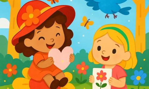 Es gibt drei Charaktere: - Lina: ein 3-jähriges Mädchen mit braunen, lockigen Haaren, das einen großen roten Hut mit einer Blume trägt. Sie sitzt auf einer großen bunten Blume und hält eine herzförmige Karte. - Mia: ein 3-jähriges Mädchen mit glatten, blonden Haaren, das ein hübsches rosa Kleid und ein grünes Haarband trägt. Sie steht neben Lina, umgeben von kleinen Blumen, und hält eine mit Blumen verzierte Karte. - Ein kleiner Vogel: ein glitzernder blauer Vogel mit glänzendem Gefieder, der fröhlich über die Mädchen fliegt und ein schelmisches Lächeln im Gesicht hat. Der Ort ist ein wunderschöner, verzauberter Garten, gefüllt mit leuchtenden Blumen in allen Farben: rosa, gelb, violett und blau. Im Hintergrund erheben sich Bäume mit goldenen Stämmen, und bunte Schmetterlinge tanzen in der Luft. Der Himmel ist strahlend blau, durchzogen von flauschigen weißen Wolken. Die Hauptsituation zeigt Lina und Mia, die bunte Karten für den Muttertag gestalten, umgeben von glitzerndem Glitzer und Blumen. Sie lachen und haben Spaß, während der kleine Vogel sie neugierig beobachtet, bereit, sich ihnen in ihrem fröhlichen Abenteuer anzuschließen.
