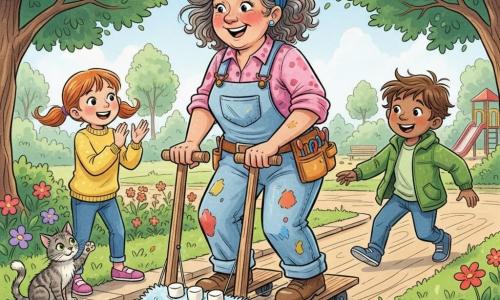 A mischievous smiling inventor in her 50s with gray-streaked curly hair tied with a blue polka-dot scarf, wearing paint‑splattered overalls, glides joyfully forward on a wooden 