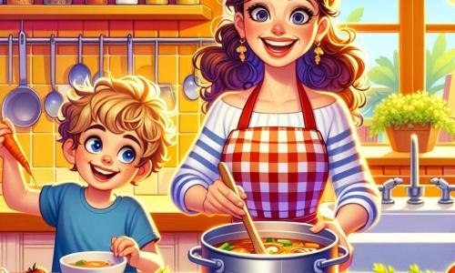 Una chef, Sofia, è una donna di circa trent'anni con capelli ricci castani, che indossa un bel grembiule a quadretti rossi e bianchi. Ha un grande sorriso gioioso e occhi scintillanti di eccitazione mentre mescola ingredienti in una grande pentola di metallo. Accanto a lei, un bambino di 7 anni, Lucas, con capelli biondi disordinati e una maglietta blu, osserva con meraviglia. Tiene una carota in una mano, pronto ad aiutare la mamma. La cucina è calda e accogliente, con pareti gialle soleggiate, scaffali pieni di barattoli di spezie colorate e una finestra aperta che fa entrare la luce del mattino. Sulla tavola, verdure fresche e erbe aromatiche sono disposte con cura, creando un arcobaleno di colori. Sofia sta preparando un piatto speciale per la Grande Festa dei Sapori, mescolando gioiosamente gli ingredienti mentre canticchia una melodia allegra. L'atmosfera è piena di felicità e creatività, con scoppi di risa e aromi deliziosi che fluttuano nell'aria.