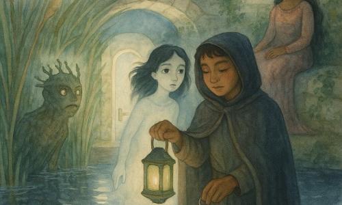Aulo, uomo dall’emozione calma e tenera, volto timido con gote rosate e cappuccio scuro, occhi nocciola bassi ma luminosi, tiene una piccola lucerna di vetro verde con nastro azzurro e tende la mano; Livia, giovane spettro dall’aspetto traslucido ma dai tratti dolci, capelli neri fluttuanti e occhi grandi e ansiosi, si tiene appena indietro come sorretta dalla luce della lucerna; Proserpina, dea tranquilla, figura adulta elegante con corona di semi rossi e veste argentata con accenti melograno, seduta su un muretto di pietra a guardarli con benevolenza; il Custode della riva, essere d’acqua non umano, forma tra fango e fiume con occhi perlati e corona di alghe, emerge alla sponda sinistra osservando la scena; luogo: riva del Tevere al chiaro di luna, canne alte che formano un passaggio luminoso, acqua scura con riflessi argentati e un ponte di canne e luce al centro; situazione: Aulo e Livia al varco del Ponte delle Canne: Aulo offre la lucerna e inserisce una piccola chiave di bronzo in una porta di pietra luminosa, Livia, commossa e fragile, sta per attraversare sotto lo sguardo rassicurante di Proserpina e la vigilanza del Custode; palette: acquerello tenue con verdi pallidi, azzurri, grigi bluastri e tocchi di rame e melograno, contorni sottili e luci diffuse.