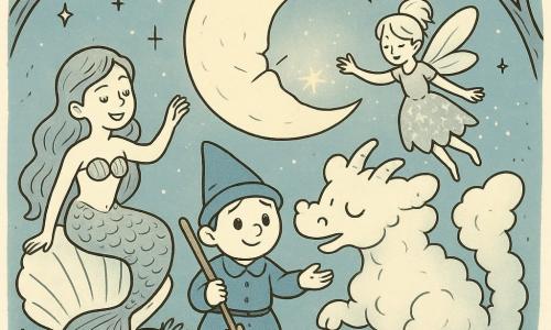Un folletto di nome Pico, piccolo e rotondo con cappello blu, tiene una vecchia scopa e tende la mano verso la luna; una sirena dai lunghi capelli ondulati e scaglie scintillanti è seduta su una grande conchiglia a sinistra di Pico e canta; un drago di nuvole dall'aspetto soffice sta dietro di loro soffiando scintille verso la luna; una piccola fata sottile e luminosa vola sopra Pico spolverando polvere di stelle; in una radura notturna con erba ondeggiante e alberi, tutti sono riuniti in cerchio per ricucire un piccolo graffio di luce sulla luna usando conchiglia, scopa e polvere di stelle, con espressioni concentrate e serene.