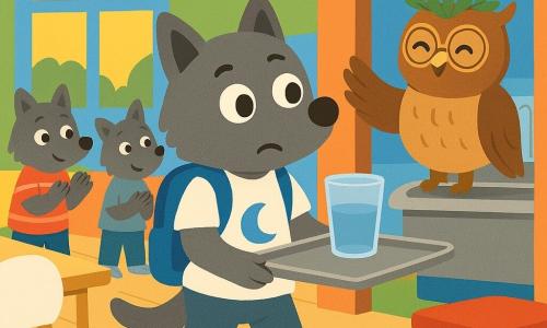 Un pequeño lobo antropomorfo como protagonista, pelaje gris suave, ojos redondos y expresión nerviosa pero valiente, lleva una camiseta blanca con una luna y una mochila azul, avanza con pasos cortos sosteniendo una gran bandeja metálica con un vaso que se balancea; una maestra lechuza de plumaje pardo claro, gafas redondas doradas y corona de hojas sonríe desde la entrada del lavabo con el ala levantada, animando; un compañero lobo con calcetas rojas a rayas aplaude y otro ofrece la mano detrás de Lupi; la escena ocurre en una aula forestal de paredes redondeadas en bandas degradadas de amarillo mate, azul cielo, verde manzana, naranja suave y lila pastel, grandes ventanas redondas con sol dorado, mesas bajas de madera, sillas blancas en forma de nube, un carrito rojo con ruedas y una rampa metálica hacia un lavabo de acero inoxidable al fondo, suelo de madera clara con algunas hojas caídas; situación principal: Lupi coloca la bandeja en el carrito mientras recibe tímidos aplausos, atmósfera cálida y tranquilizadora.